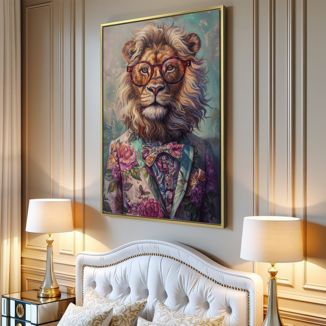 Canvas Print featuring a dapper lion in a floral suit and glasses. Whimsical art with a pastel color palette, perfect for adding personality to any space.