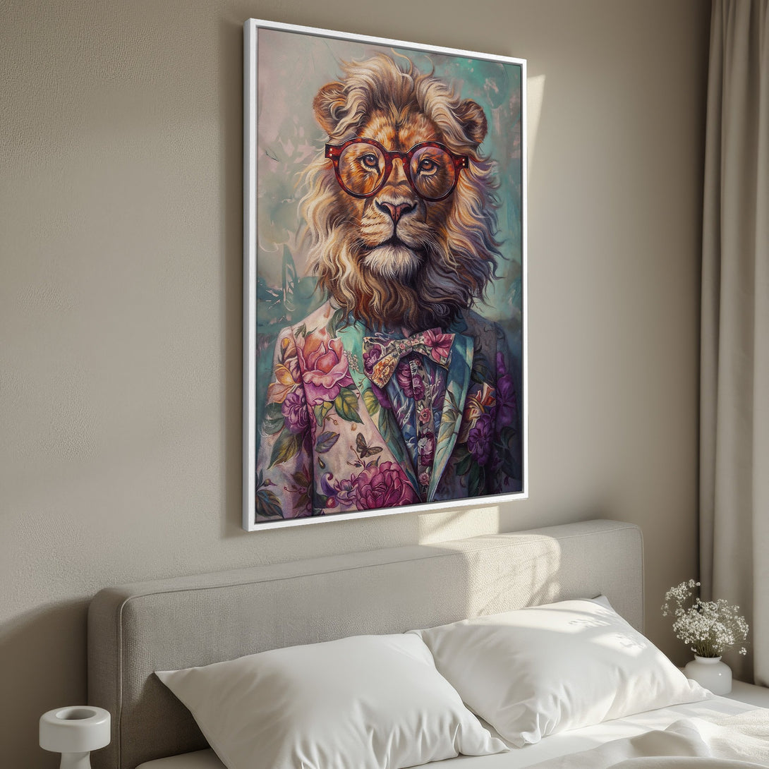 Framed Wall Art: Hipster lion portrait in a floral suit. Artistic, colorful canvas print with teal, pink, and brown hues. Perfect for stylish home decor.