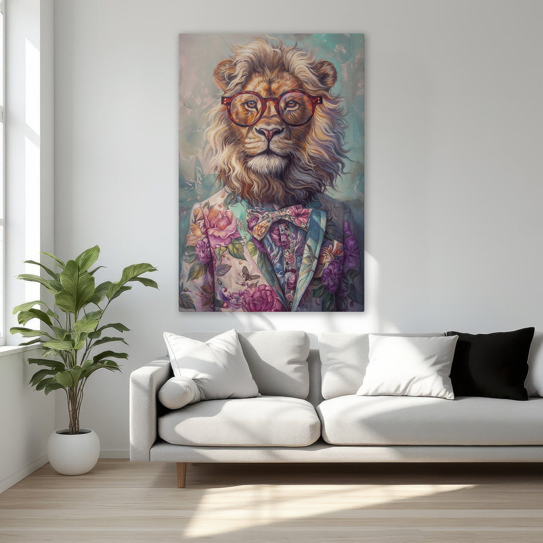 Framed Wall Art: Dapper lion portrait with glasses and floral suit. Warm color palette of gold, teal, and purple. Perfect for adding a touch of whimsy to your home decor.