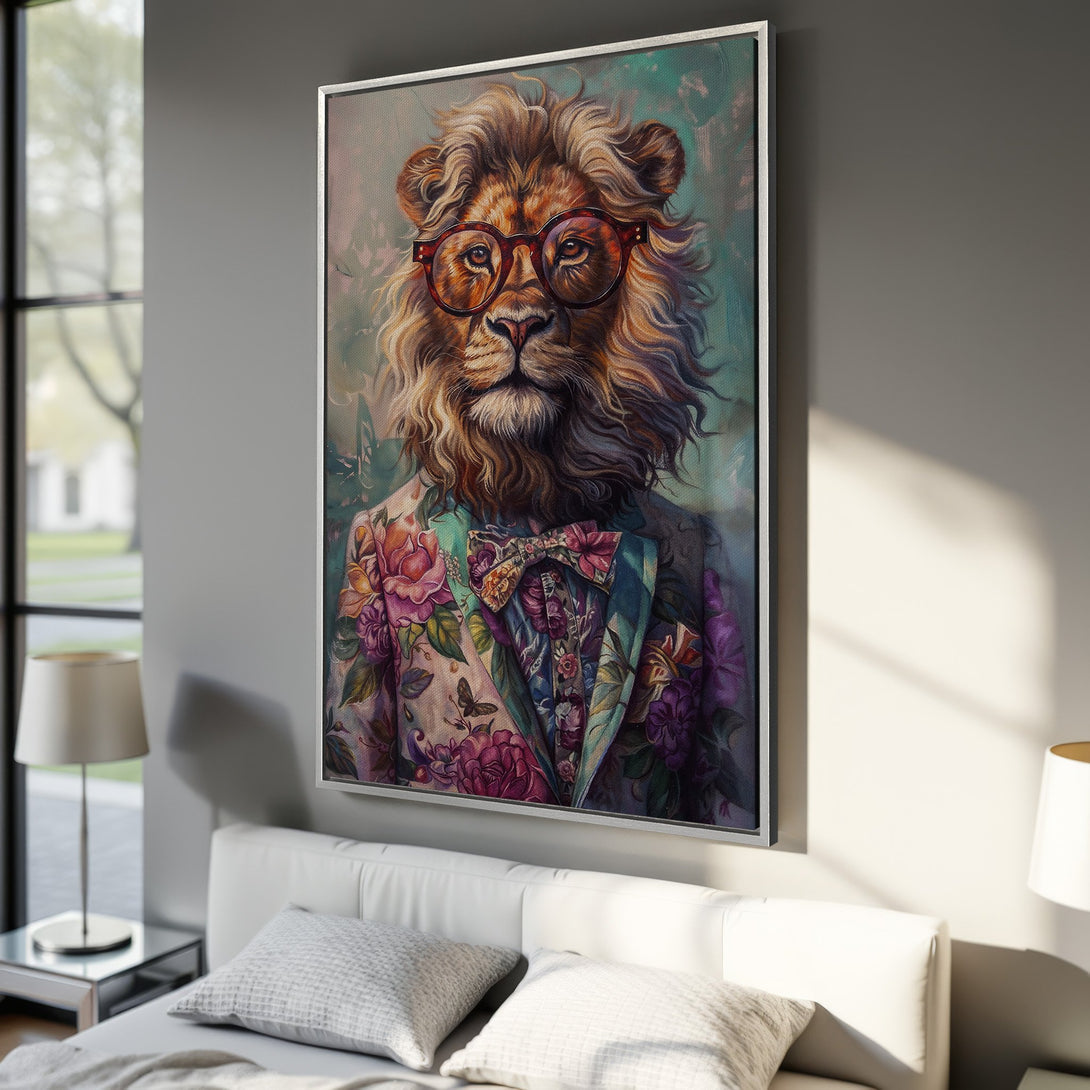 Framed Wall Art: Stylish lion portrait with glasses & floral suit. Colorful artwork with a vintage style. Perfect for adding personality to any room!