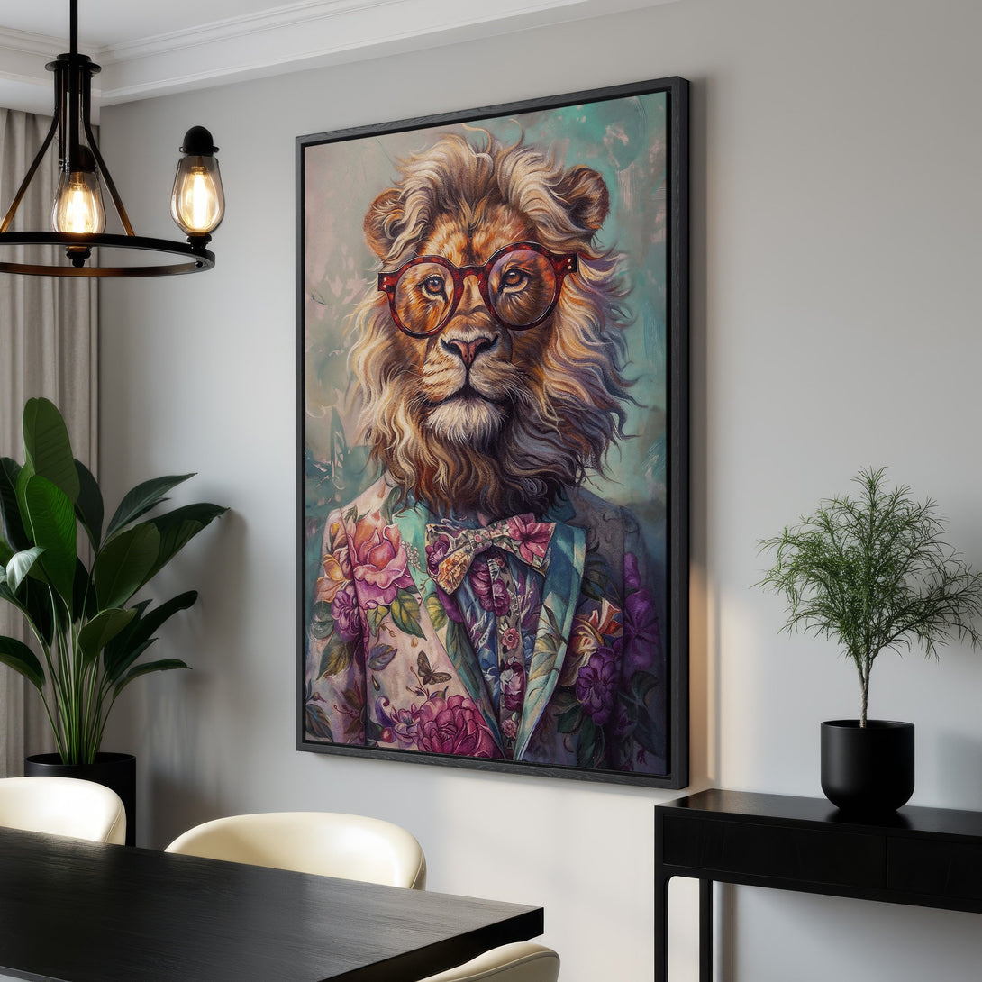 Framed Wall Art: Lion in glasses & floral suit. Whimsical portrait with a vibrant, colorful palette. Perfect statement piece for your home decor.