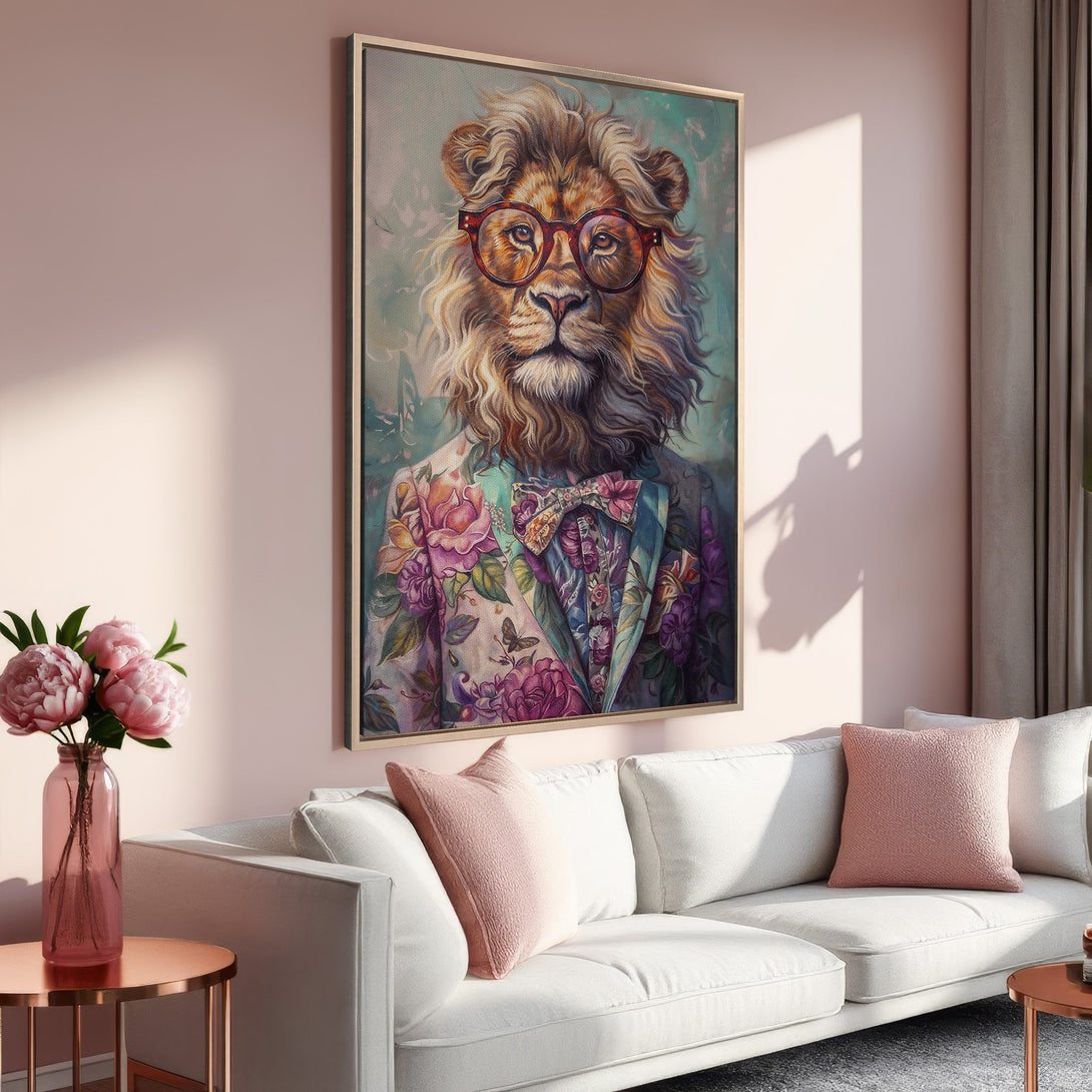 Framed Wall Art featuring a dapper lion in a floral suit. Soft pastel color palette, perfect for adding personality to your living room decor.
