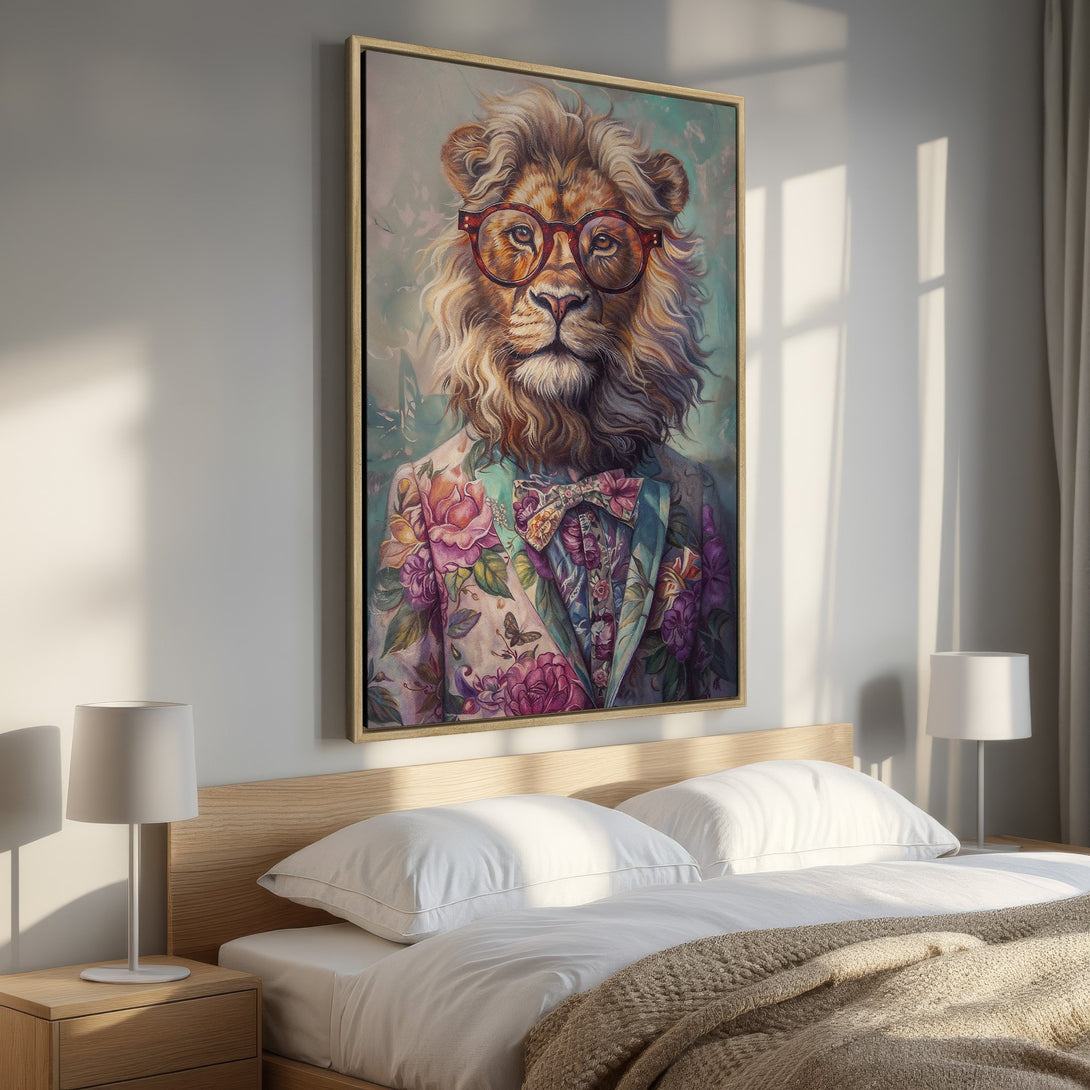 Framed Wall Art featuring a stylish lion in a floral suit. A vibrant, whimsical piece with a colorful palette, perfect for adding personality to any room.