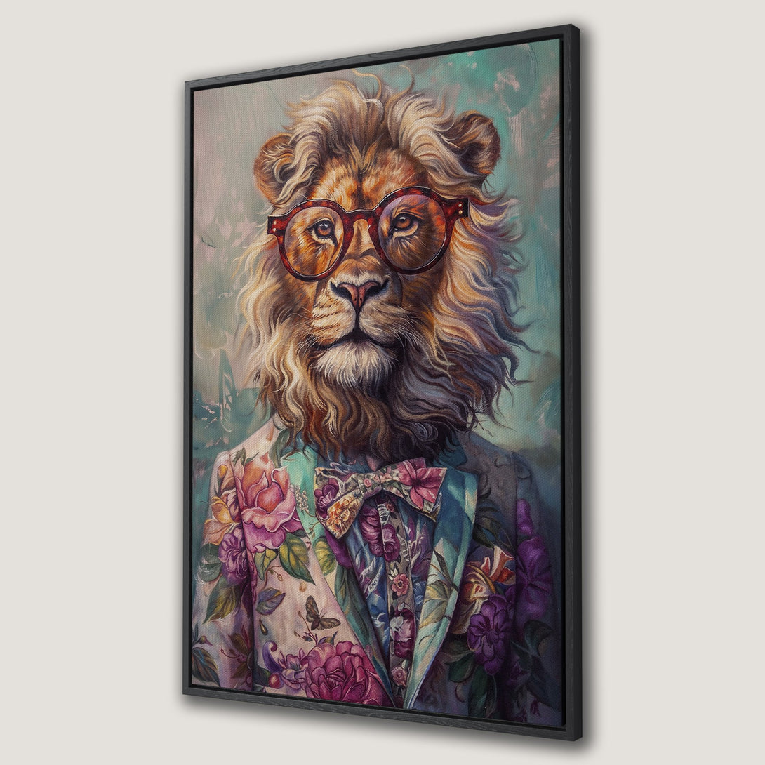 Framed Wall Art: Dapper lion wearing glasses and floral suit. Whimsical art in warm, earthy tones with pops of purple and teal. Perfect for unique home decor.