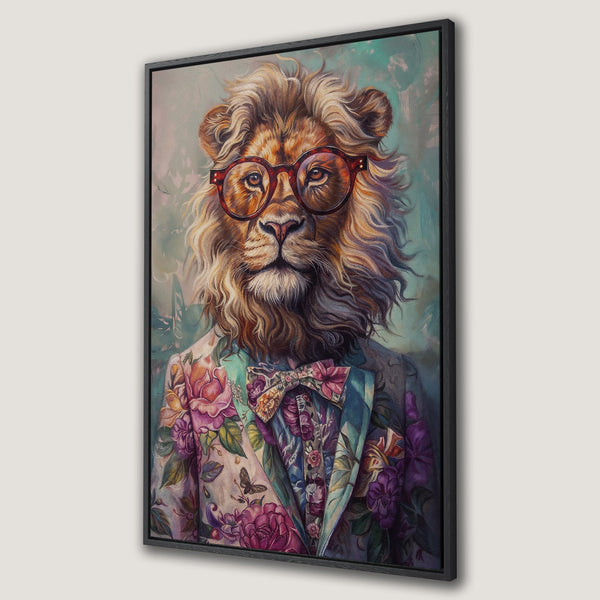 Framed Wall Art: Dapper lion wearing glasses and floral suit. Whimsical art in warm, earthy tones with pops of purple and teal. Perfect for unique home decor.