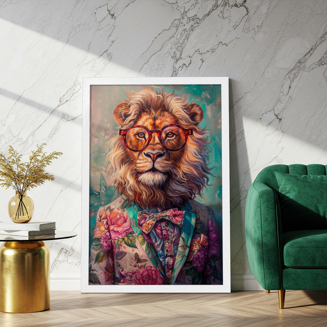 Framed Poster featuring a lion in a floral suit, artistic style, with a vibrant, colorful palette. Perfect wall art!