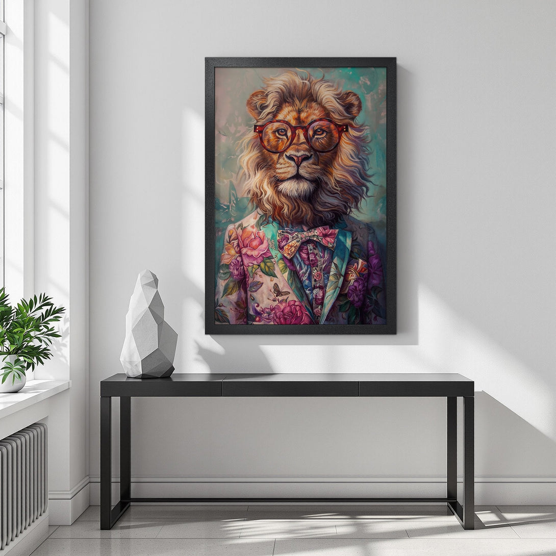 Framed Poster of a dapper lion in a floral suit. Artistic style with a teal, brown, and pink color palette. Add a touch of whimsy to your space!