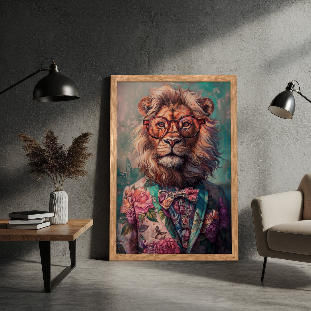 Framed Poster featuring a dapper lion in a floral suit, artistic style, with a colorful palette. Perfect wall art!