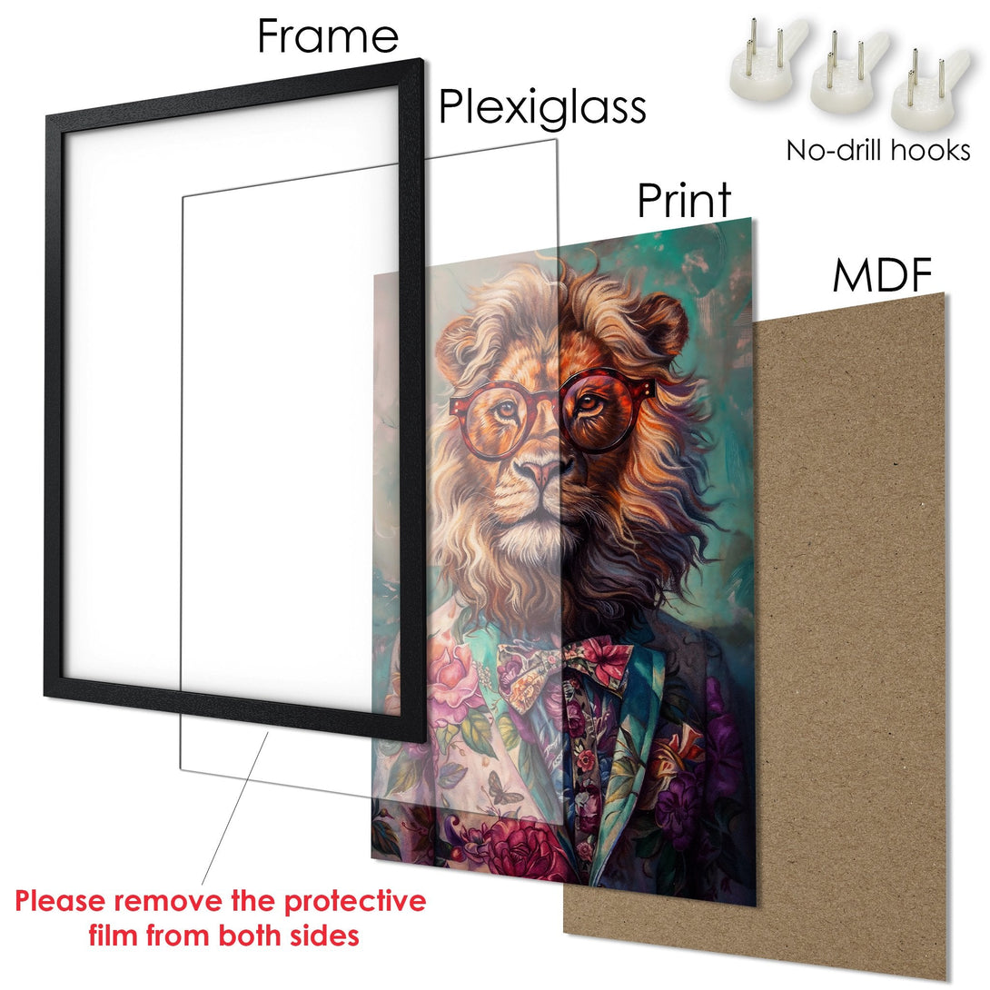 Framed Poster featuring a stylish lion in glasses, vibrant floral jacket, and a colorful palette. Perfect art for your home!
