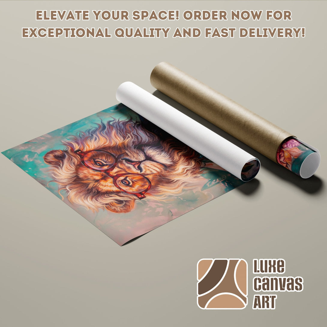 Lion Poster Roll art print in teal, brown, and red color palette. Elevate your space!
