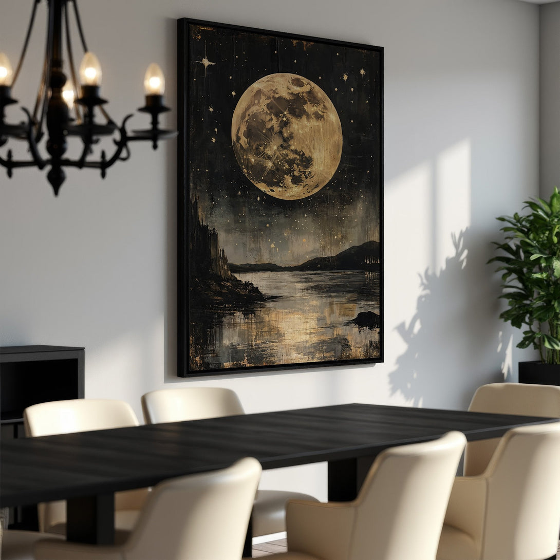 Framed Wall Art featuring a celestial moonlit landscape in a vintage style. Gold and black color palette for a touch of elegance. Perfect for home decor.