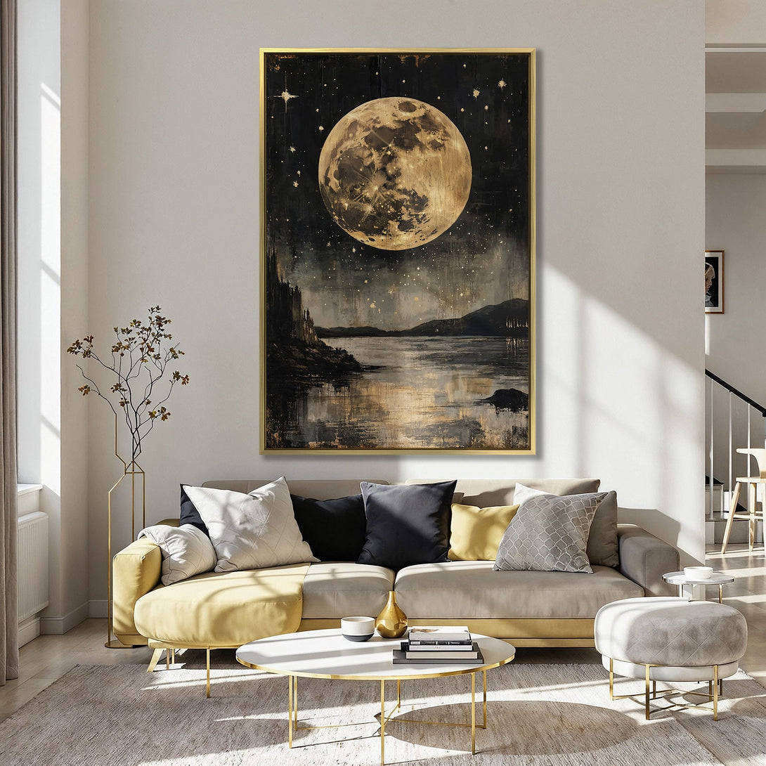 Canvas Print of a moonlit landscape. Earthy tones with a touch of gold. Perfect wall art for a cozy, stylish interior.