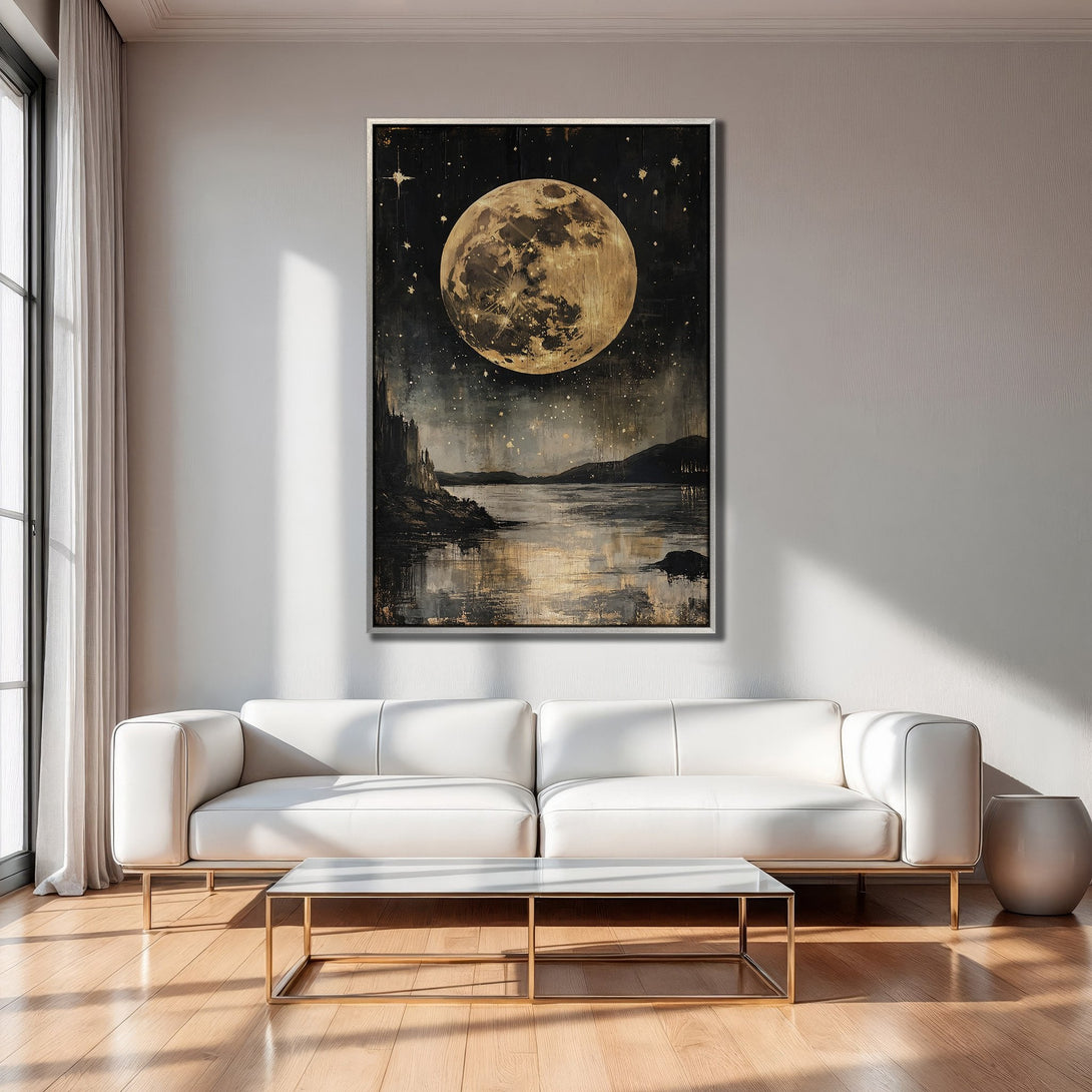 Framed Wall Art: Moonlit landscape canvas print in a modern interior. Features a dark, moody palette with gold and black accents. Perfect for living rooms.