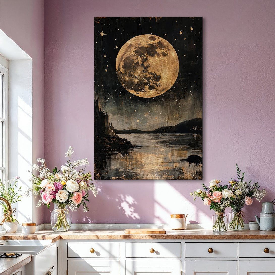 Framed Wall Art: Stunning moonlit landscape canvas print in gold, black, and neutral tones. Perfect for adding a touch of celestial elegance to your home decor.