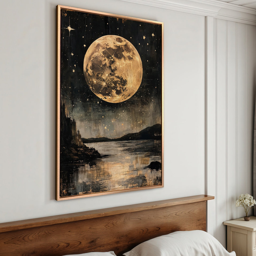 Framed Wall Art: Stunning moonlit landscape canvas print in gold and black. Perfect for adding a touch of celestial elegance to your bedroom decor.
