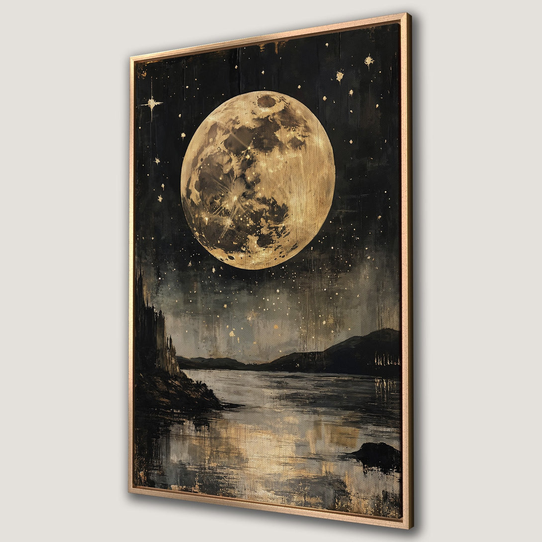 Framed Wall Art: Celestial moon over a tranquil lake. Artistic style with a dark, moody color palette featuring gold and black. Perfect for any space.