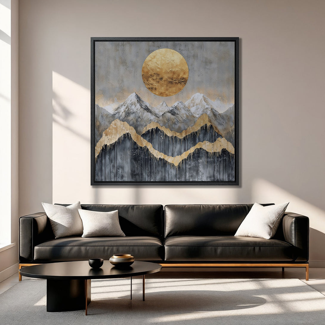 Framed Wall Art featuring abstract mountain landscape in gold, gray, and black. Elevate your space with this modern canvas print.