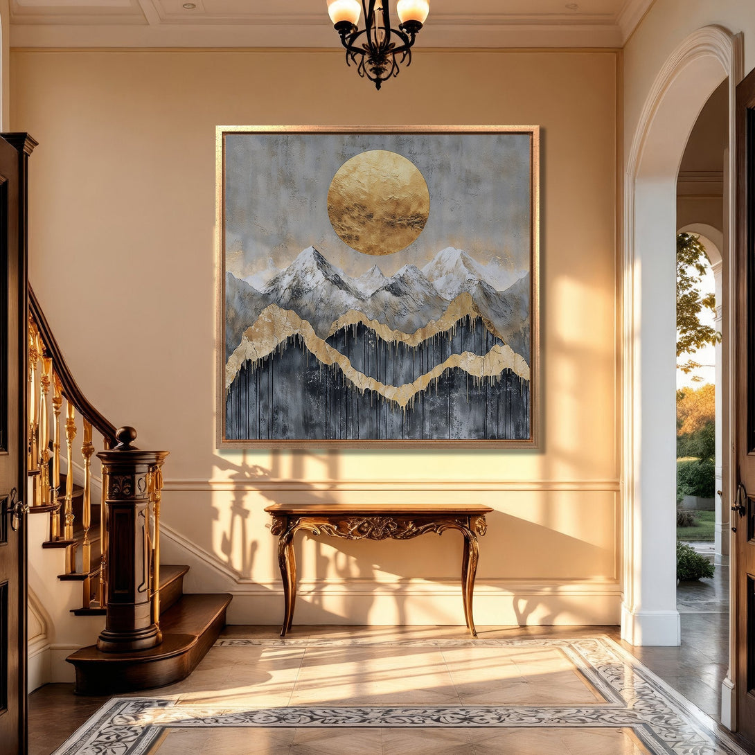 Framed Wall Art: Abstract mountain landscape canvas print with gold accents. Elegant decor in neutral tones, perfect for modern home interiors.