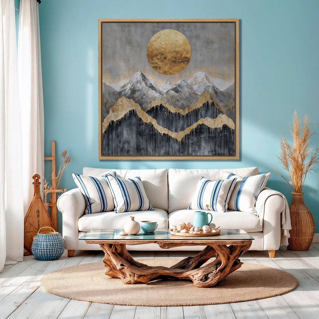 Framed Wall Art: Abstract mountain landscape in gold and gray tones. Modern canvas print adds a touch of elegance to any living room.
