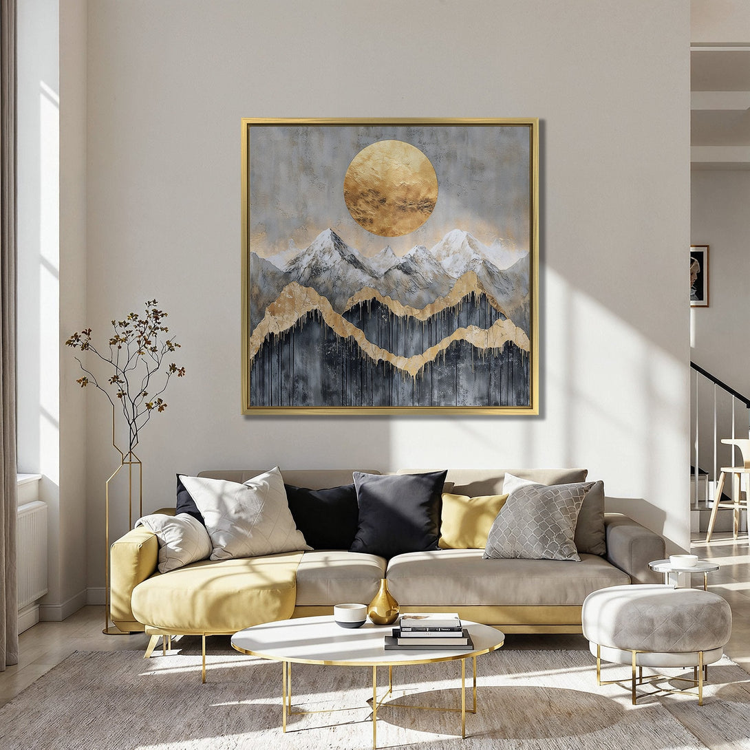 Abstract mountain Canvas Print in gold, gray, and black tones, perfect for modern home decor. Adds elegance with a touch of nature.