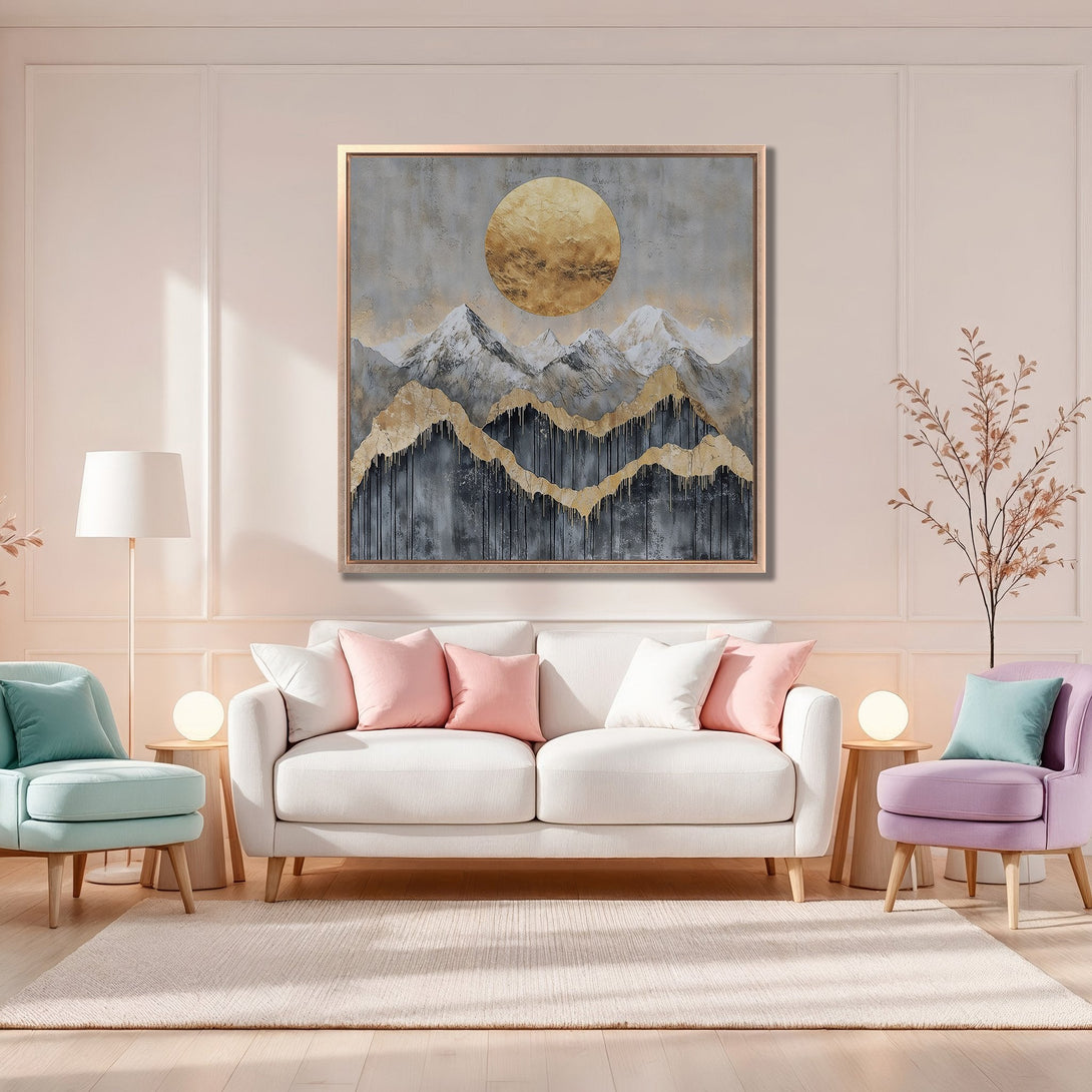 Framed Wall Art: Abstract mountain landscape in neutral tones with gold accents. Modern art for living room decor. Enhance your space with this canvas print!