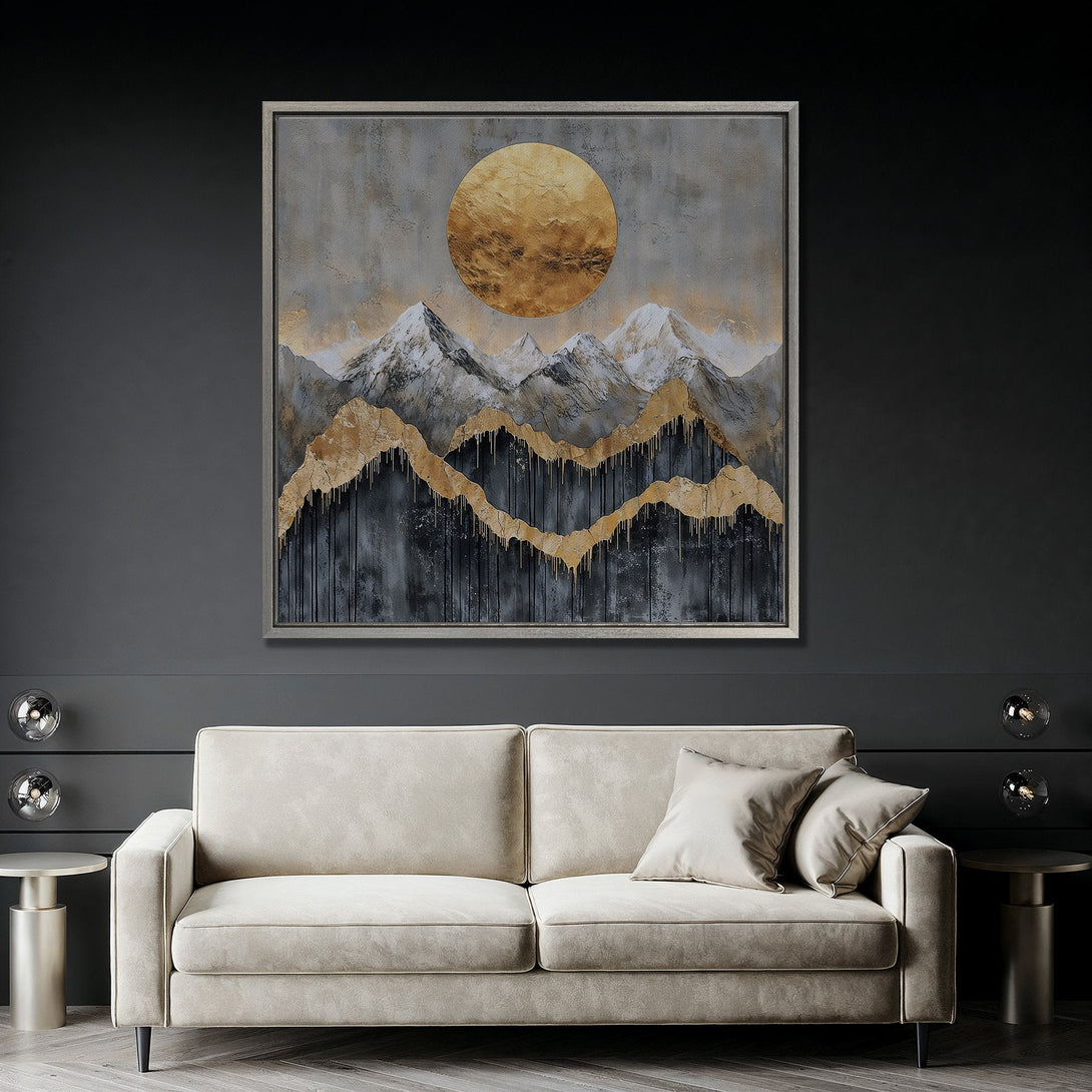 Framed Wall Art: Abstract mountain landscape Canvas Print in gold, gray, and black. Modern art for your home decor.