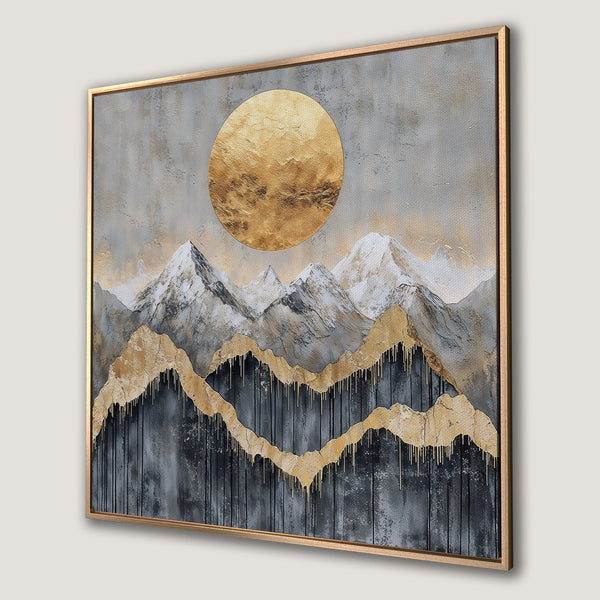 Framed Wall Art: Abstract mountain landscape canvas print with gold accents and a neutral color palette, perfect for modern decor.