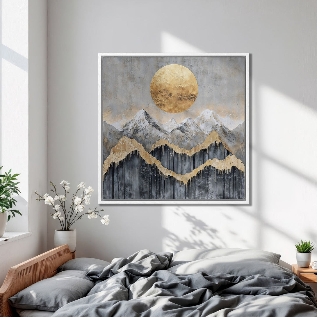 Framed Wall Art featuring abstract mountain landscape with gold accents. Modern art in gray and gold tones, perfect for bedroom decor.