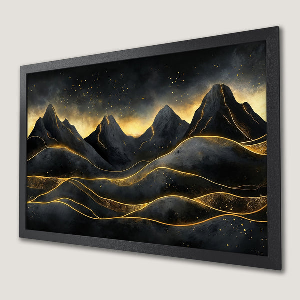 Framed Poster of abstract mountains in black and gold. Modern art print with a dark, moody color palette.