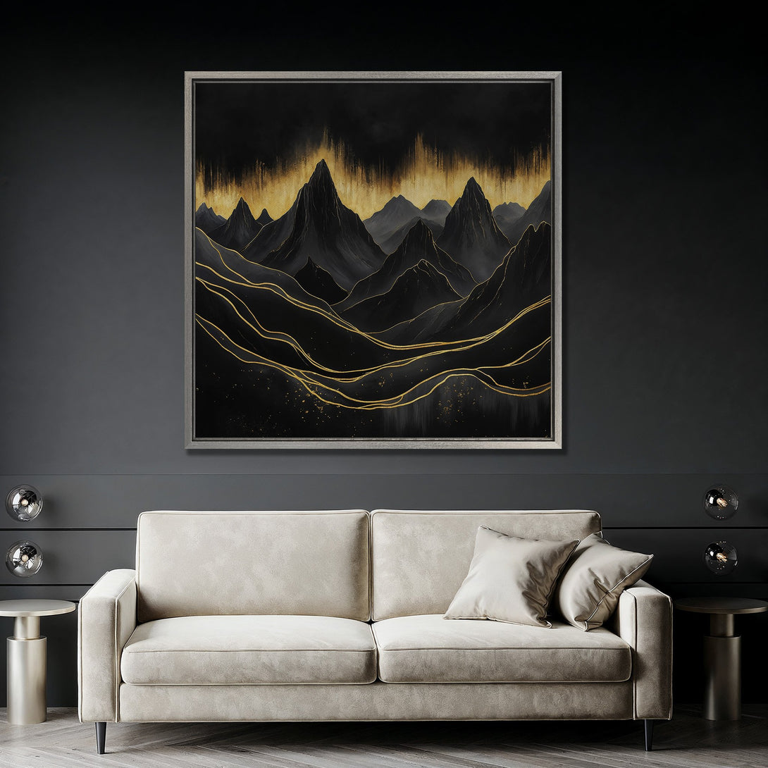 Framed Wall Art: Abstract mountain landscape in black & gold. Modern canvas print adds a touch of luxury to any interior. Shop now!
