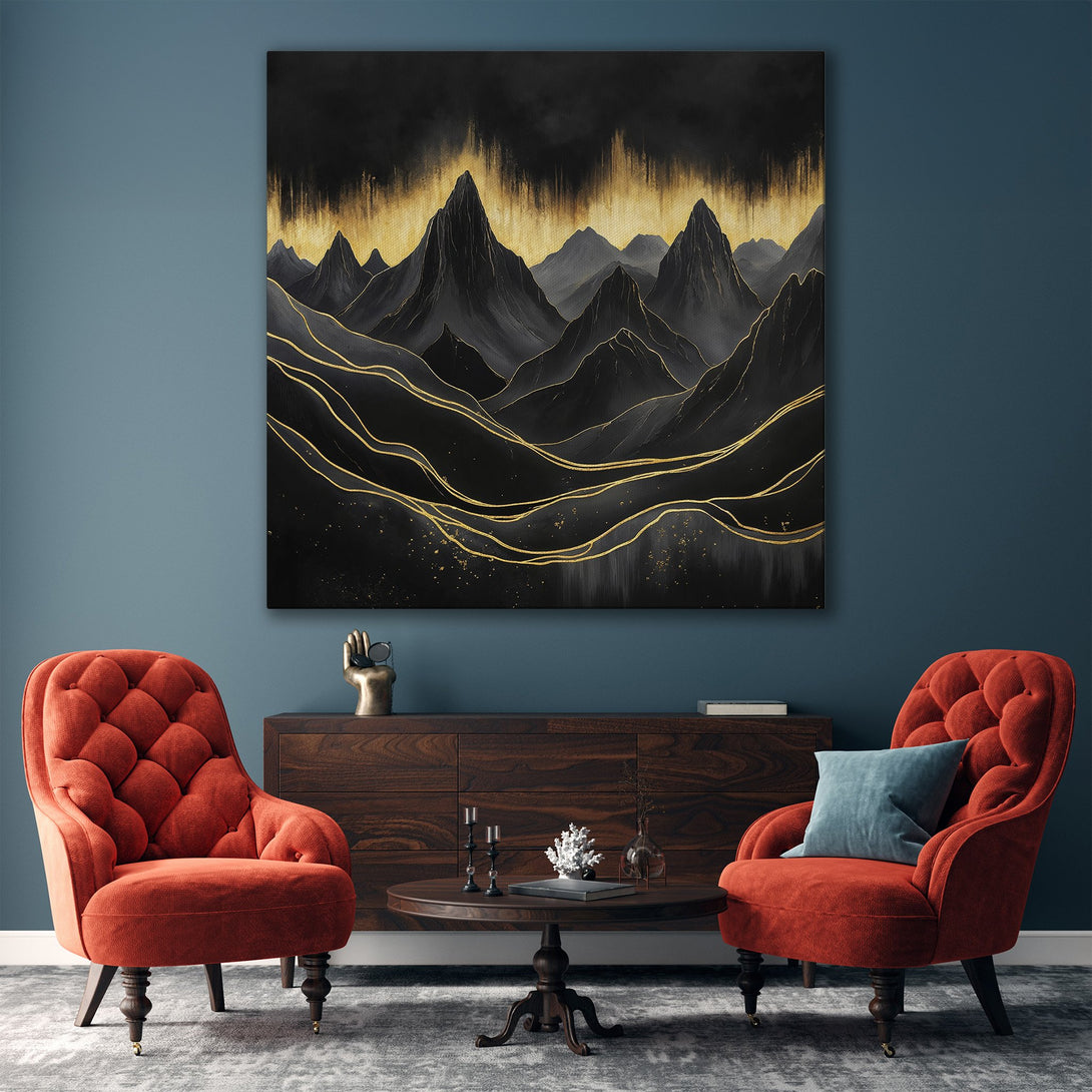 Framed Wall Art: Abstract mountain landscape in black, gold, and gray tones. Modern art canvas print adds a touch of luxury to any interior.