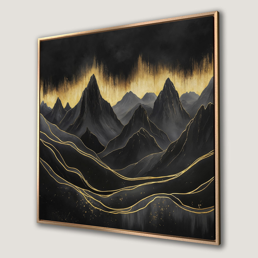 Framed Wall Art: Abstract mountain landscape Canvas Print in black and gold. Modern art for your home decor.