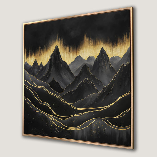 Framed Wall Art: Abstract mountain landscape Canvas Print in black and gold. Modern art for your home decor.