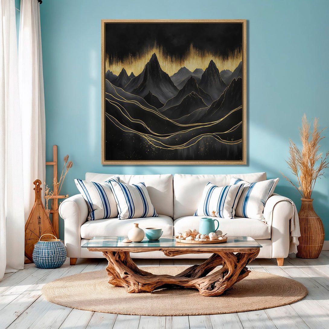 Framed Wall Art: Abstract mountain landscape in black and gold. Modern art canvas print adds a touch of elegance to any interior with its rich color palette.