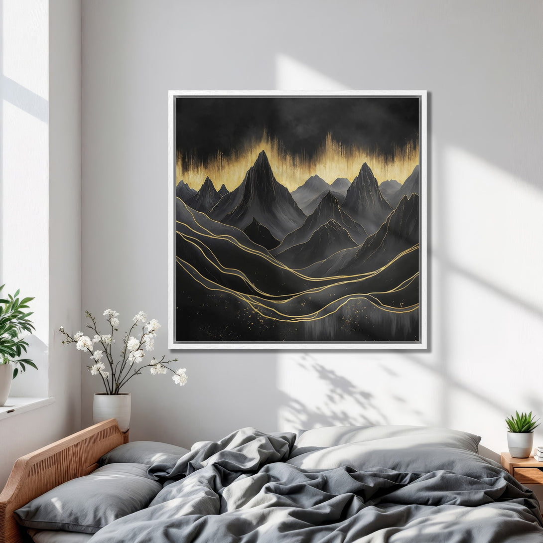 Framed Wall Art featuring a black and gold abstract mountain landscape. Modern art style with a luxurious, monochromatic color palette. Perfect bedroom decor!