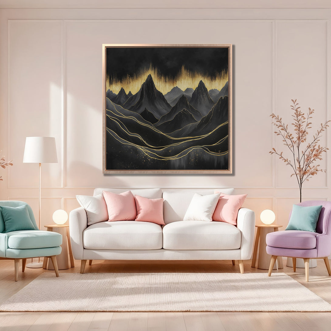 Framed Wall Art featuring a mountain landscape in black, gold, and gray tones. Modern art print perfect for adding a touch of elegance to any space.