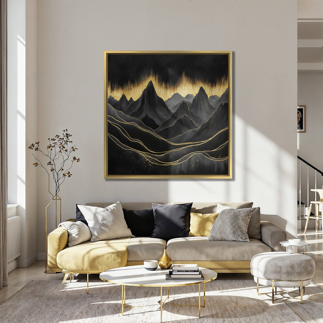 Canvas Print of abstract mountain landscape in black, gold, and gray tones. Modern wall art for elegant decor.