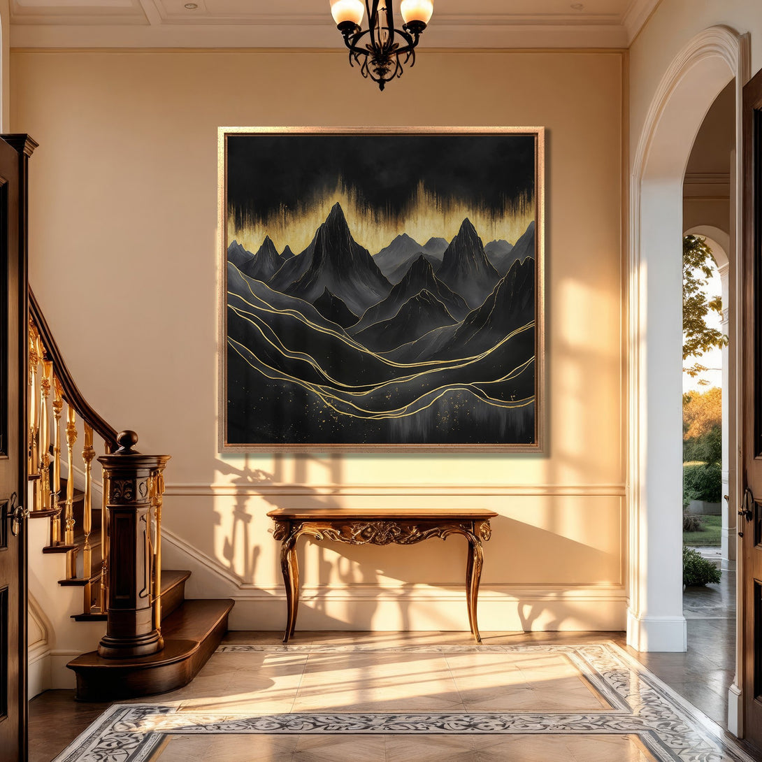 Framed Wall Art featuring a mountain landscape in black and gold, displayed in a luxurious interior with warm color palette. Elevate your home decor!
