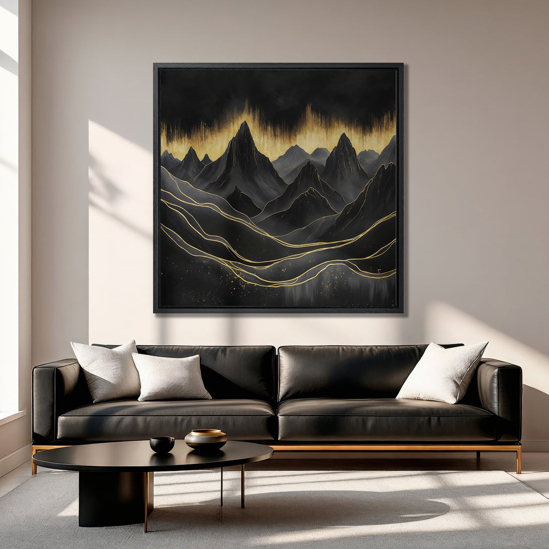 Framed Wall Art: Abstract mountain landscape in black and gold. Modern art print adds a touch of elegance to any living room. Shop now!