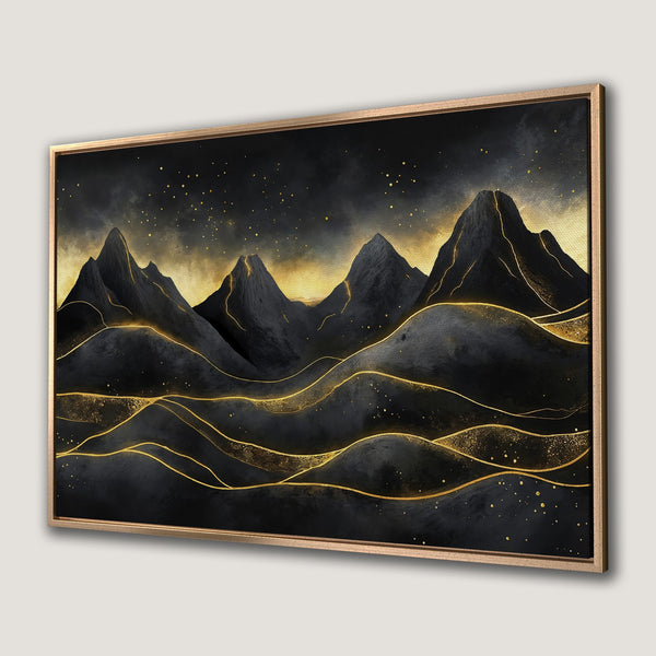 Framed Wall Art: Abstract mountain landscape in black & gold. Modern, elegant Canvas Print with a dramatic, luxurious color palette.