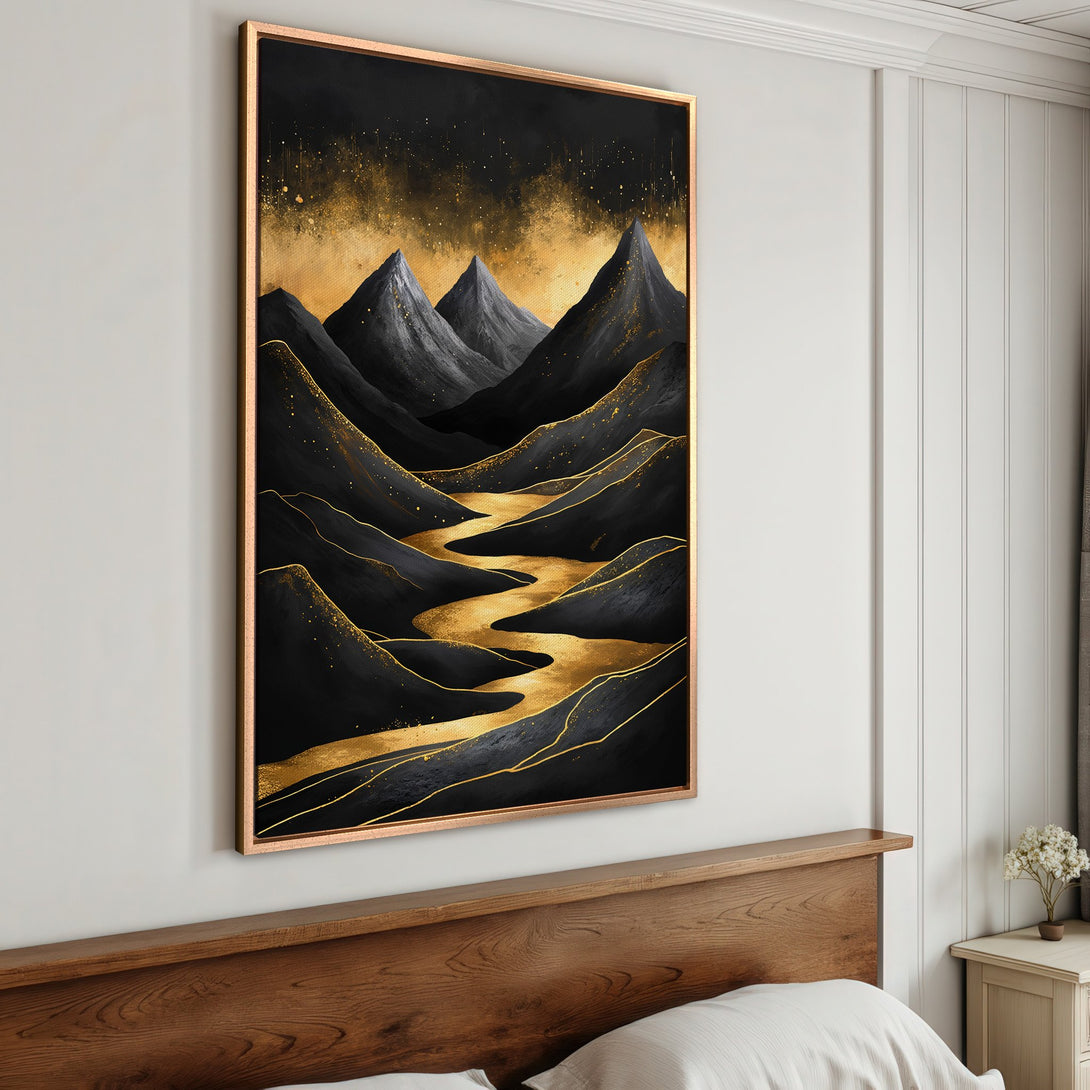 Framed Wall Art: Abstract mountain landscape in black and gold. Modern canvas print with a luxurious, elegant style. Perfect for bedroom decor.