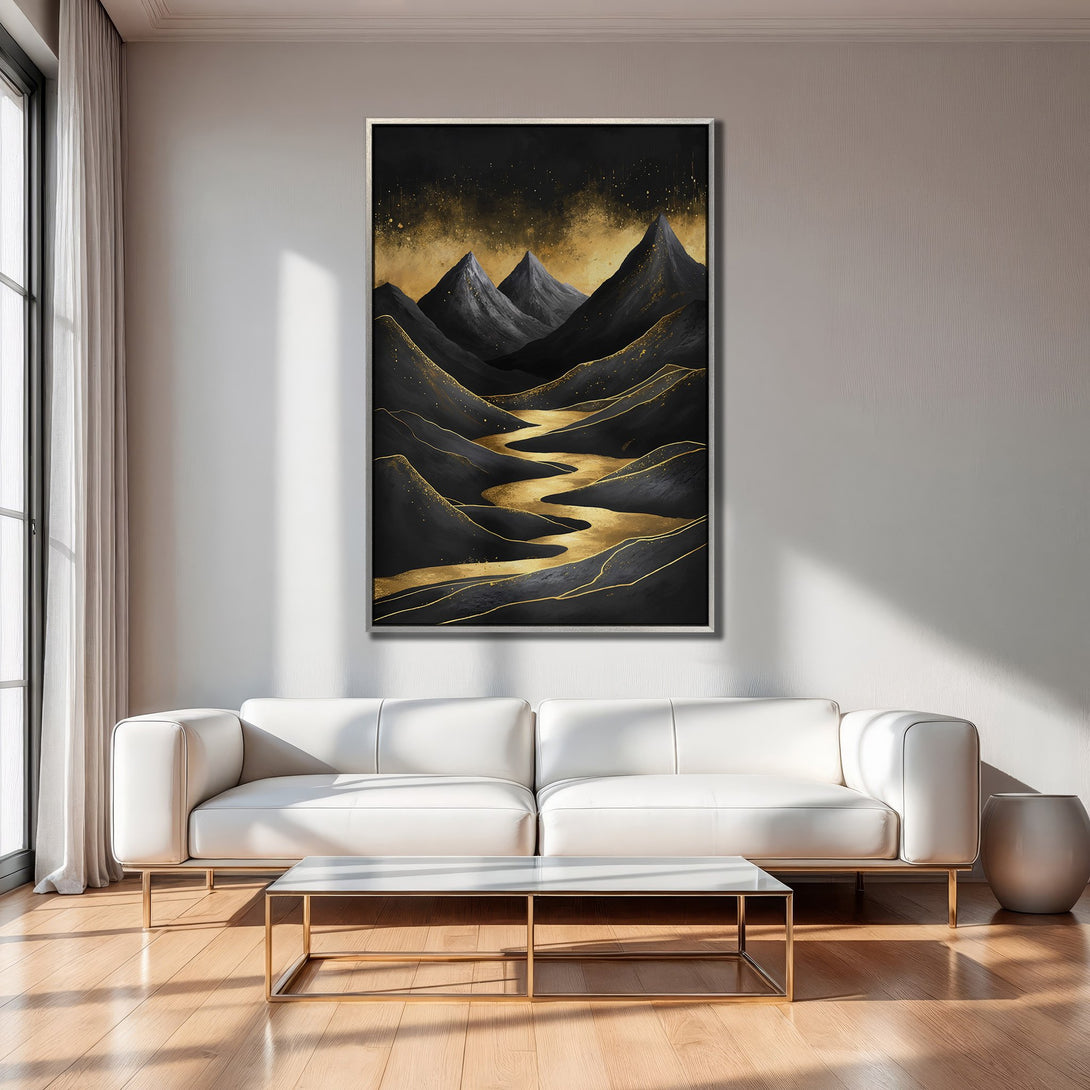 Framed Wall Art: Abstract mountain landscape in black, gold, and gray. Modern art for home decor. Elevate your space with this stunning canvas print.