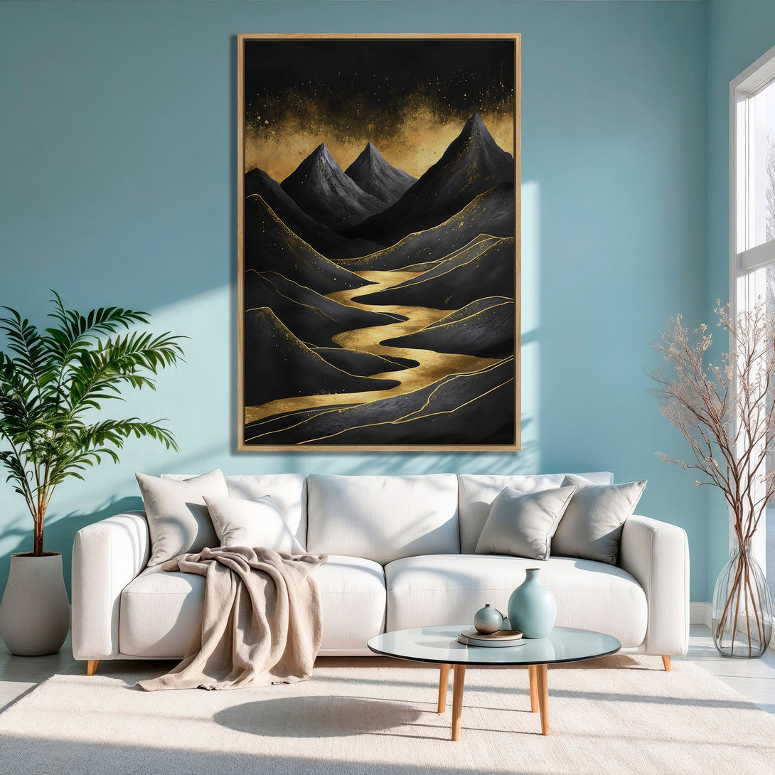 Framed Wall Art: Abstract mountain landscape in black & gold. Modern canvas print adds a touch of luxury to any room. Shop now!