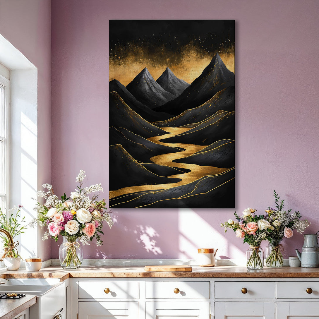 Framed Wall Art: Abstract mountain landscape Canvas Print in black and gold. Modern art with a luxurious, elegant feel. Perfect home decor.