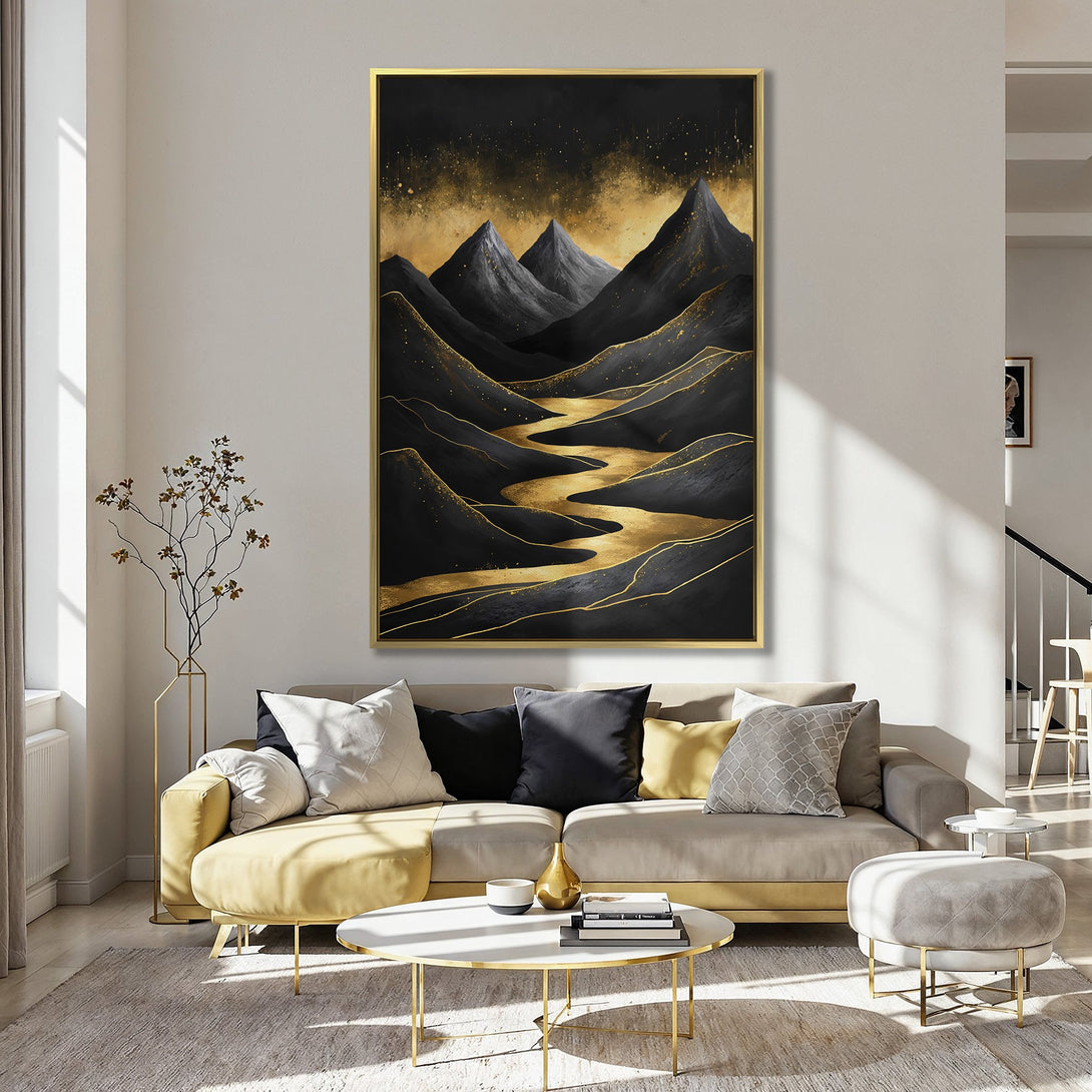 Abstract mountain Canvas Print in black and gold, displayed in a stylish interior. Modern art with a luxurious color palette.
