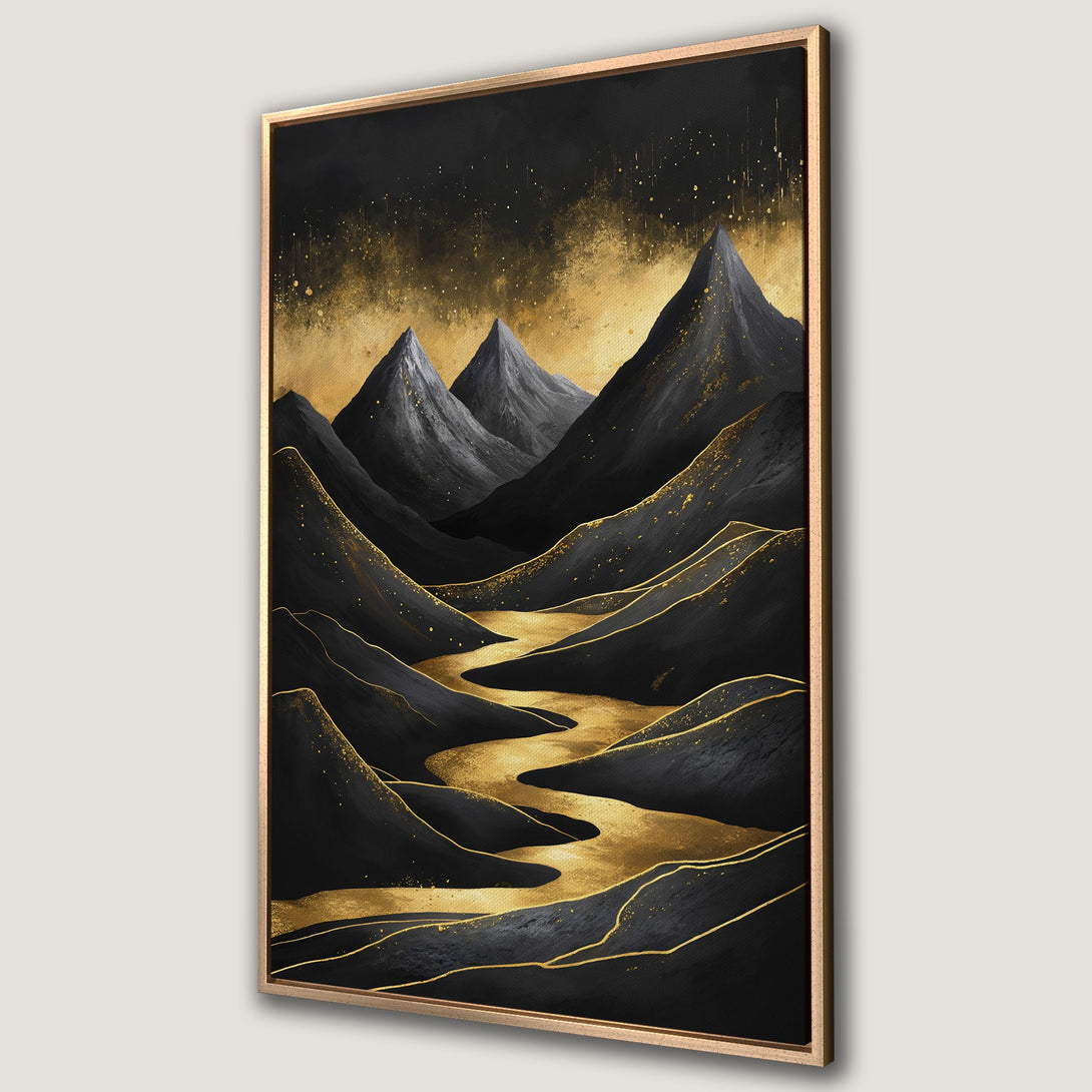 Framed Wall Art: Abstract mountain landscape in black and gold. Modern canvas print with a luxurious, sophisticated style and elegant color palette.