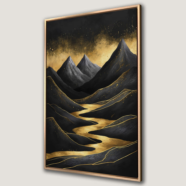 Framed Wall Art: Abstract mountain landscape in black and gold. Modern canvas print with a luxurious, sophisticated style and elegant color palette.