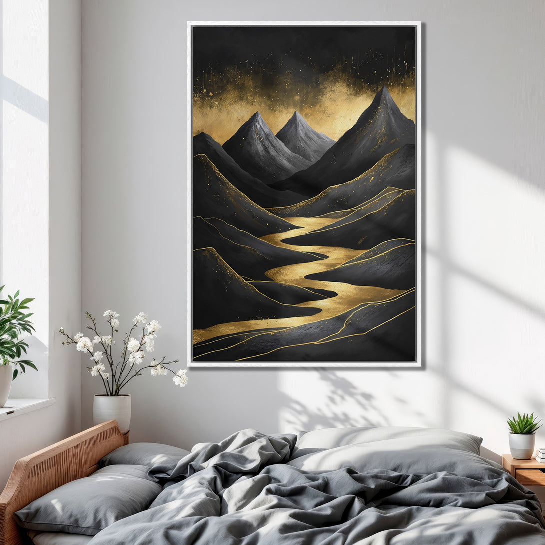 Framed Wall Art: Abstract mountain landscape in black and gold. Modern art print with a luxurious, minimalist style. Perfect for bedroom decor.