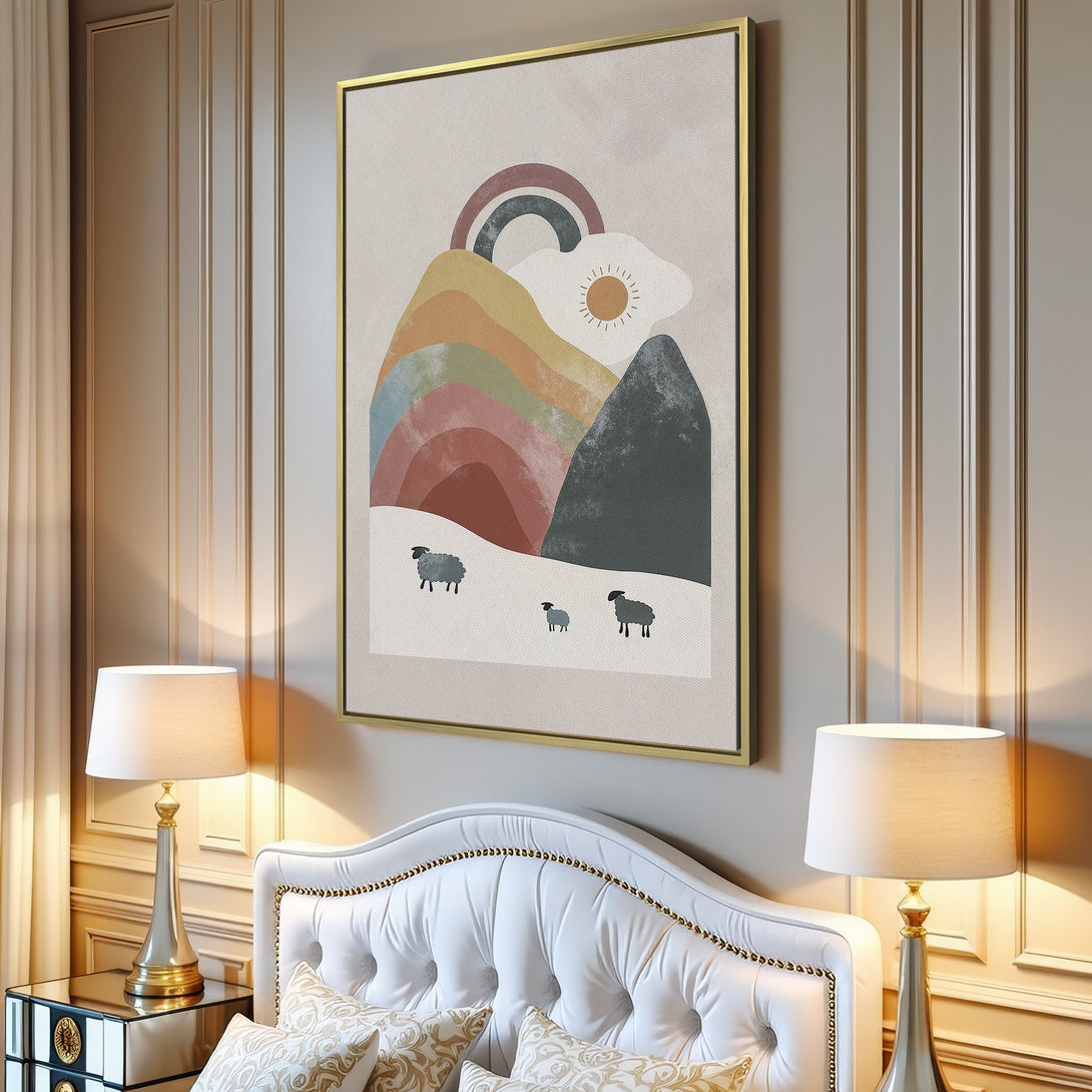 Canvas Print of a whimsical mountain scene with a rainbow and sheep, featuring a soft, pastel color palette. Perfect for modern home decor.