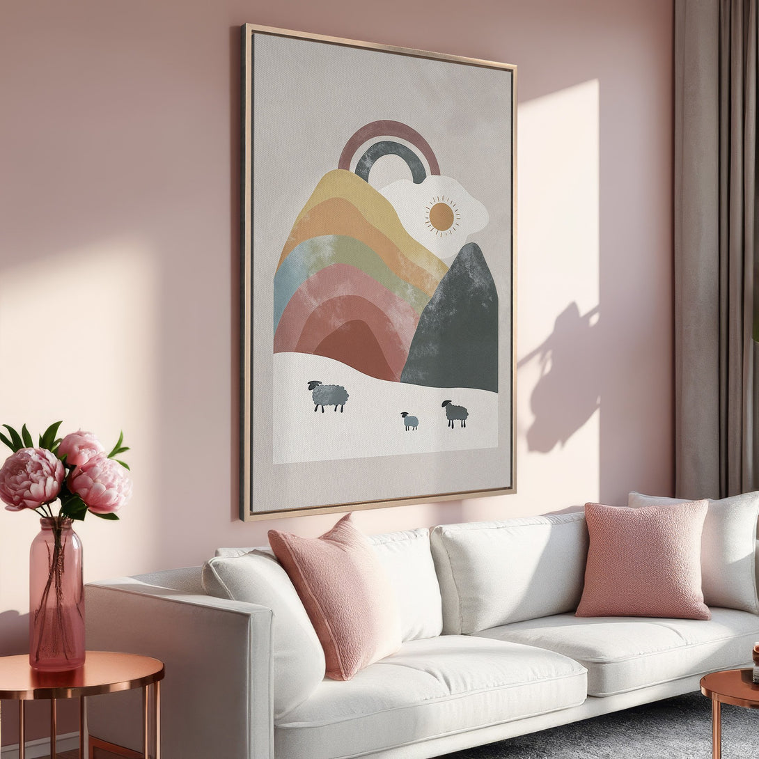 Framed Wall Art featuring a whimsical mountain scene with sheep, in a soft pastel color palette. Perfect for adding a touch of charm to your home!